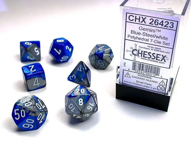 Täringukomplekt Gemini Blue & Steel - White (7)-001 Board / Card Games-Brain Games OÜ