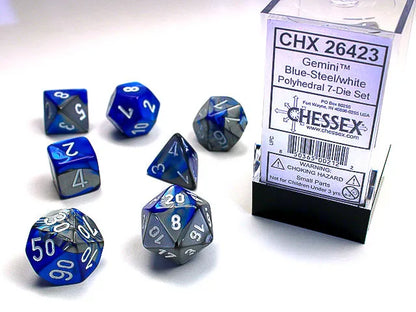 Täringukomplekt Gemini Blue & Steel - White (7)-001 Board / Card Games-Brain Games OÜ